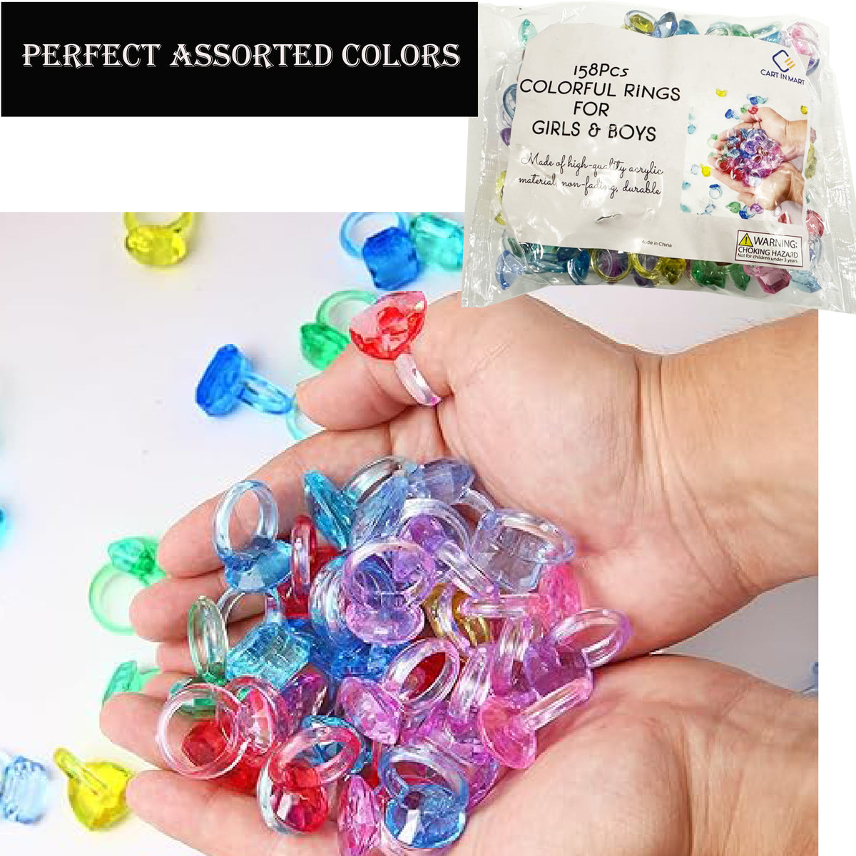 Cart In Mart 158 Piece Acrylic Gem Rings For Girls & Boys Kids Dress Up Party Favor Toys