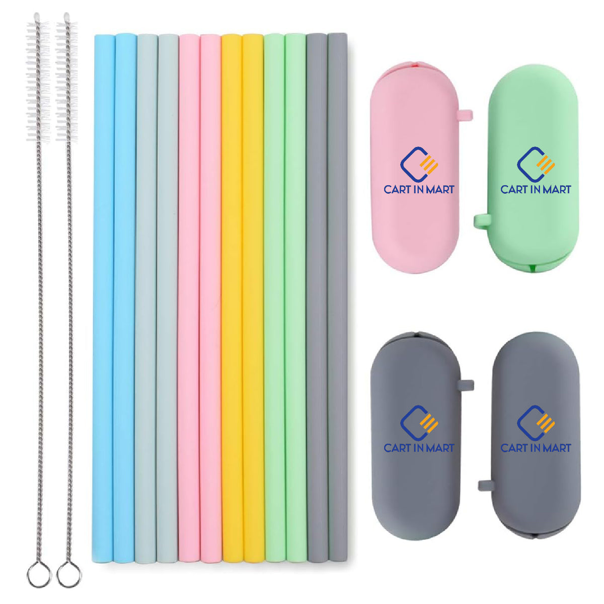 Cart In Mart 12 Pack Silicone Drinking Straws Reusable Odorless With Pouches & Brushes