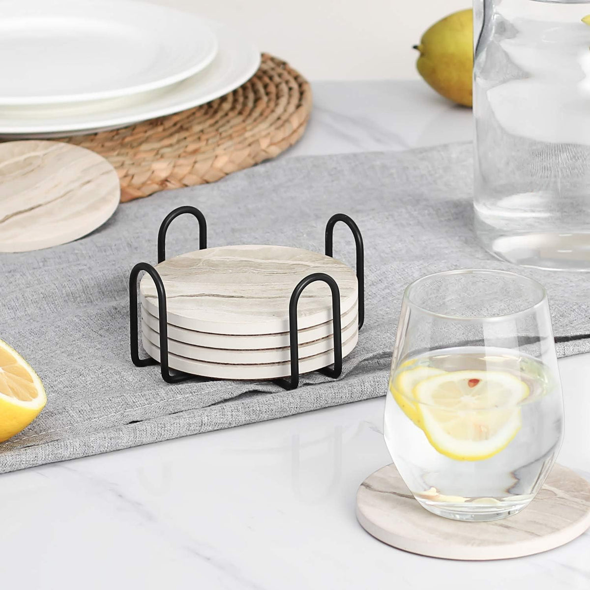 Cart In Mart 6 Pack Ceramic Drink Coasters With Holder For Cups Barware - Marble Style