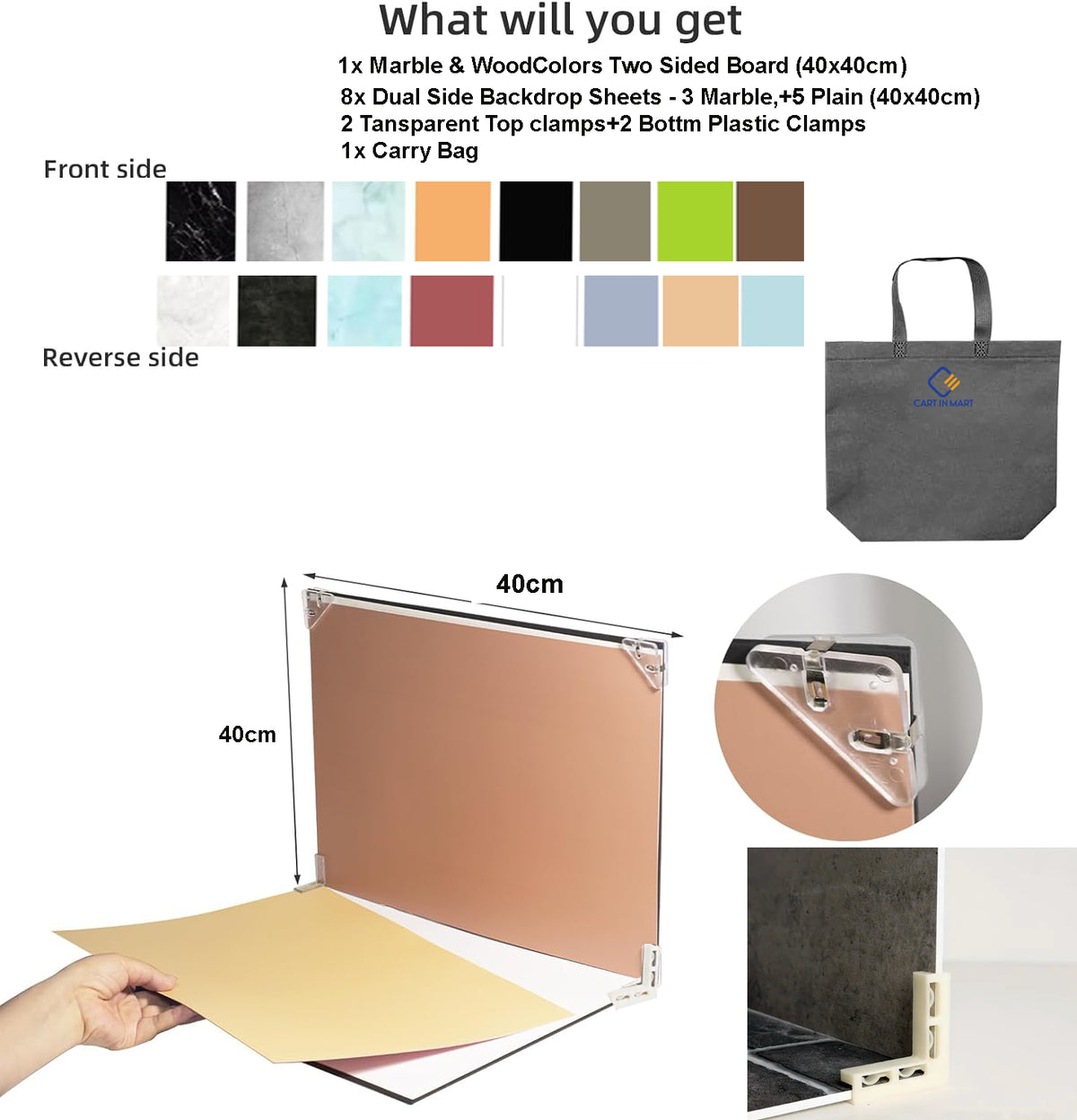 Cart In Mart Tabletop Photo Board Backdrop Kit Small Product Photography with 16 Pattern