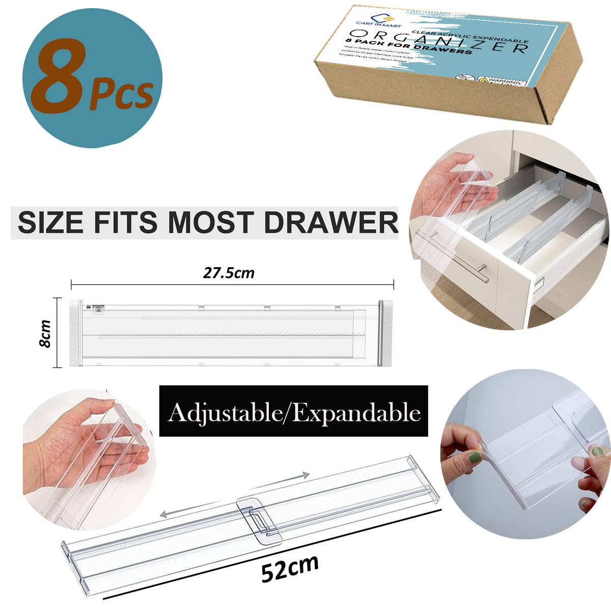 Cart In Mart 8 Pack Clear Acrylic Drawer Dividers Adjustable Expandable Organiser