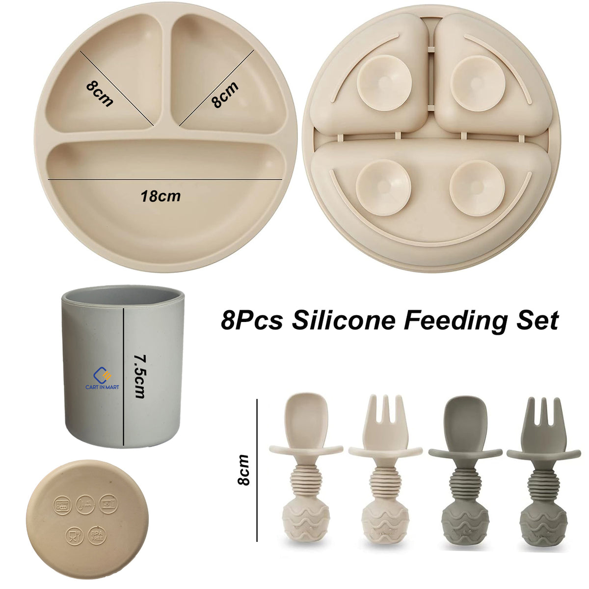 Cart In Mart 2 Pack (8 Piece) Silicone Baby Feeding Set Suction Plates Spoons Forks Cups
