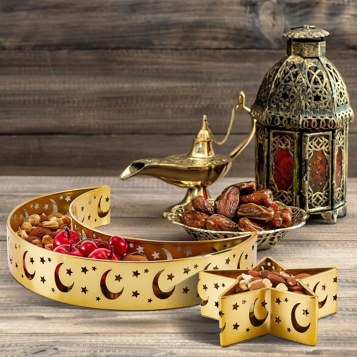 Cart In Mart 2 Pieces Eid Mubarak Decoration Moon Star Serving Metal Tray Islamic Gift