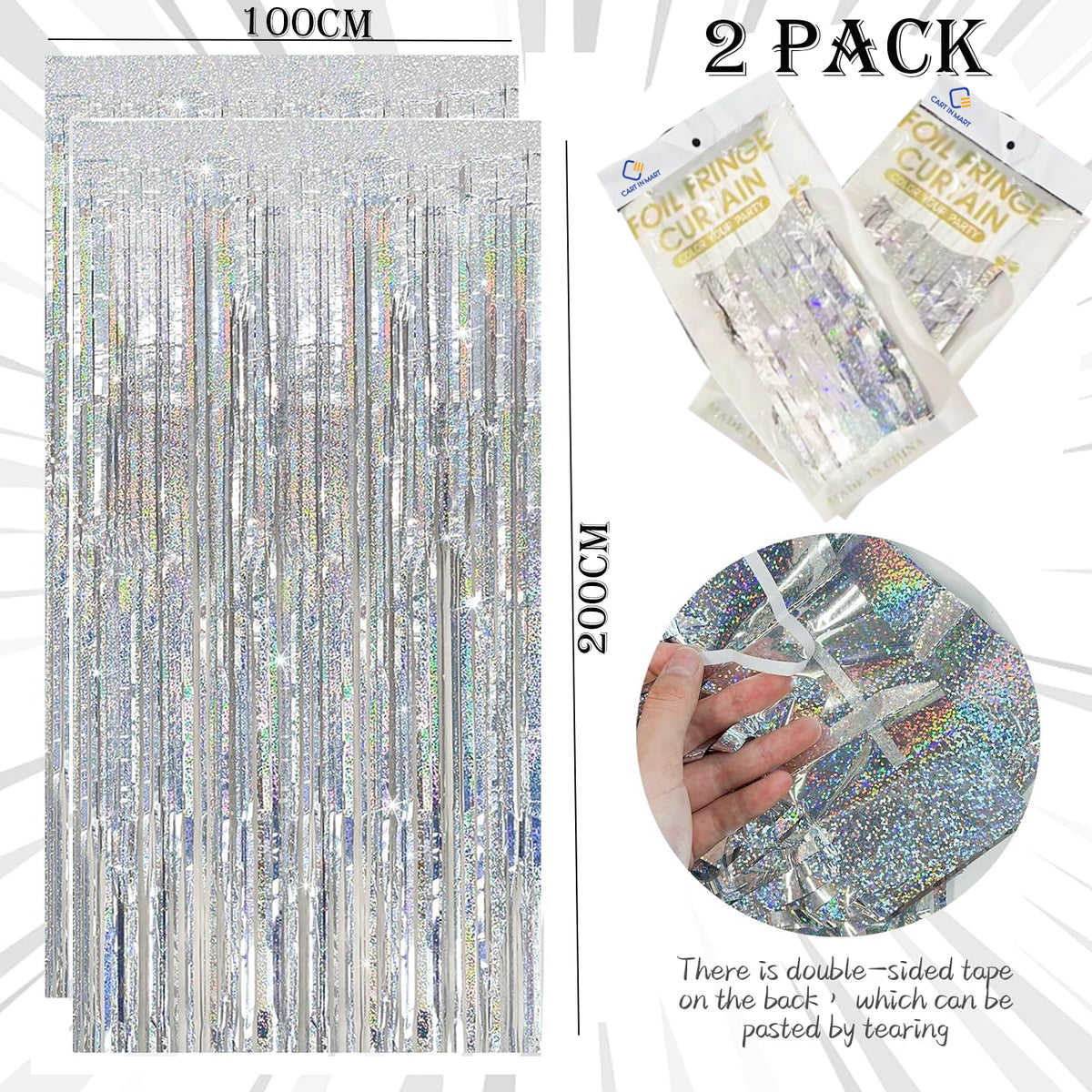 Cart In Mart 2 Pack Premium Foil Fringe Curtain Backdrop Tinsel Party Decoration -1x2m