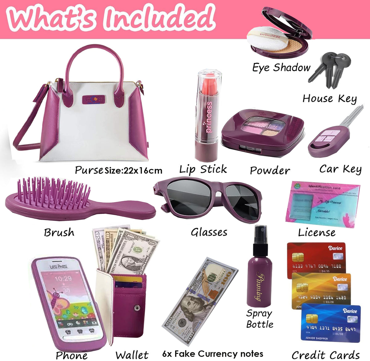 Cart In Mart 22 Piece Little Girls Purse With Pretend Play Fake Makeup Toddler Accessories - Premium Purple