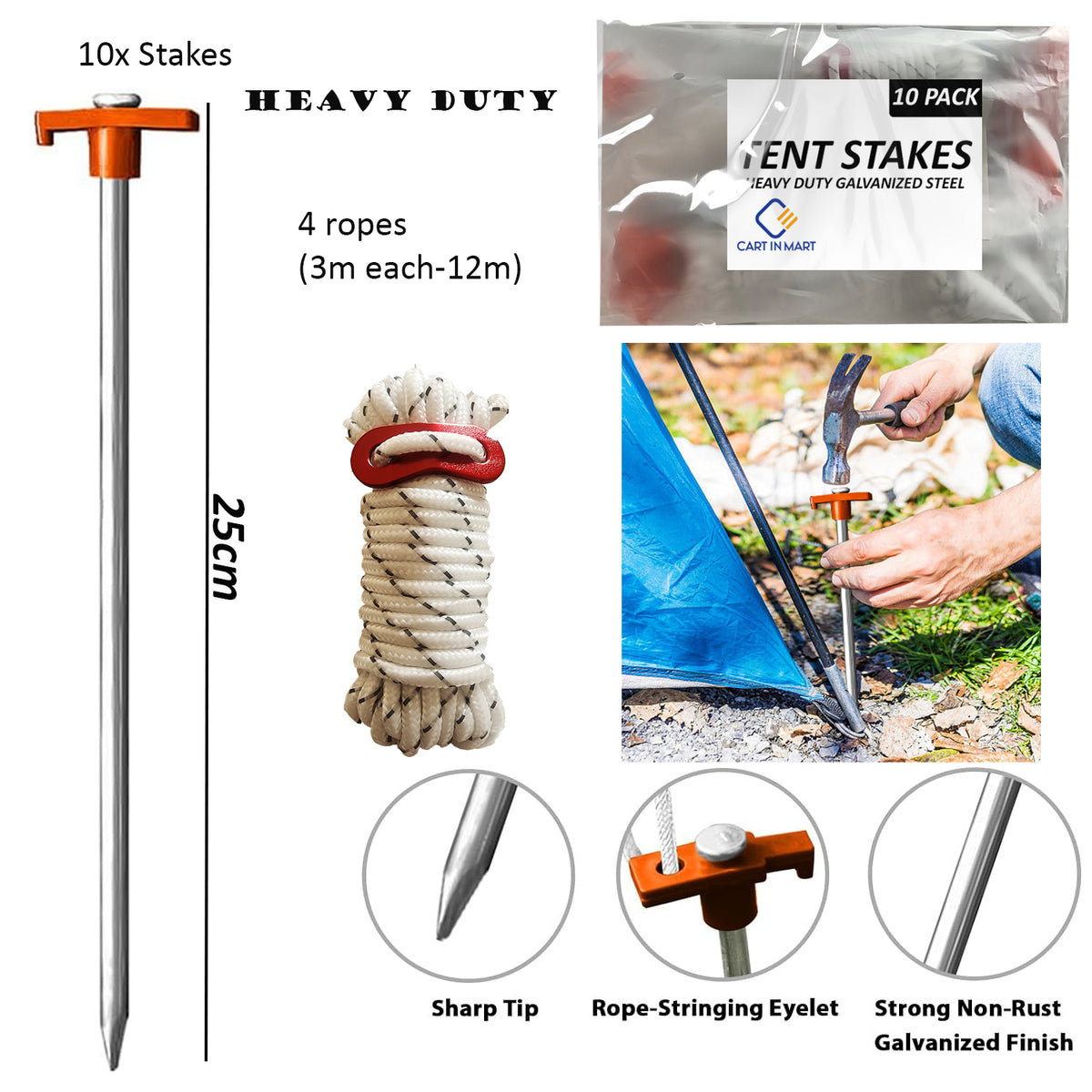 Cart In Mart 10 Pack Tent Stakes Heavy Duty Pegs 27cm For Camping Yard With 12m Ropes