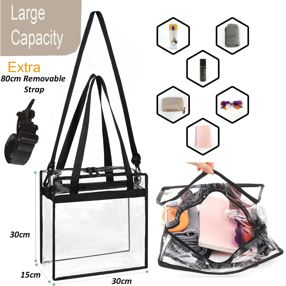 Cart In Mart Clear Shoulder Tote Bag With Zipper Closure & Extra Adjustable Travel Strap
