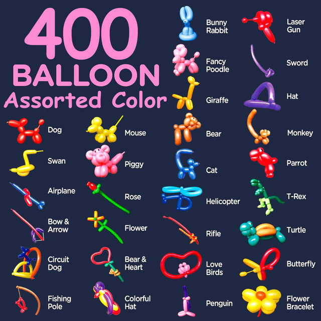 Cart In Mart 400 Pack 260Q Long Colored Balloons With Pump For Animal Arch Twisting Magic