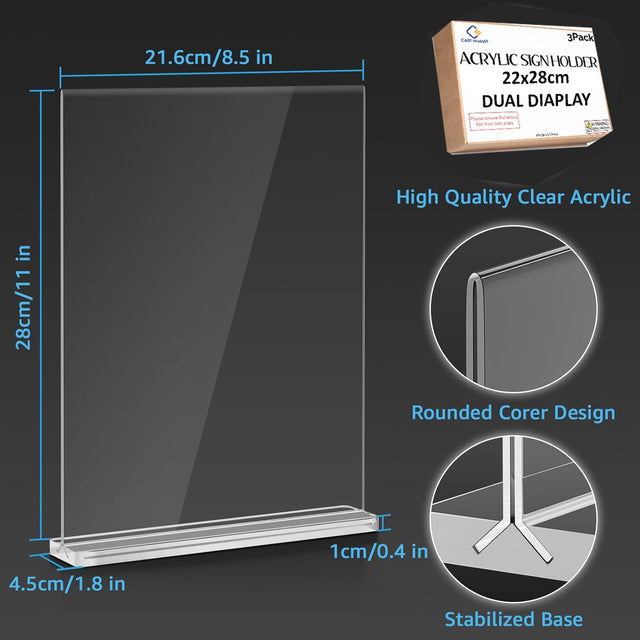 Cart In Mart 3 Pack 8.5x11 Clear Acrylic Sign Holder Double Sided Table Menu Frame Stand