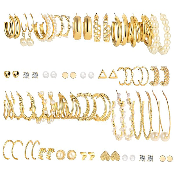 Women's /Girls' Gold Hypoallergenic Earrings Set - 36 Pairs