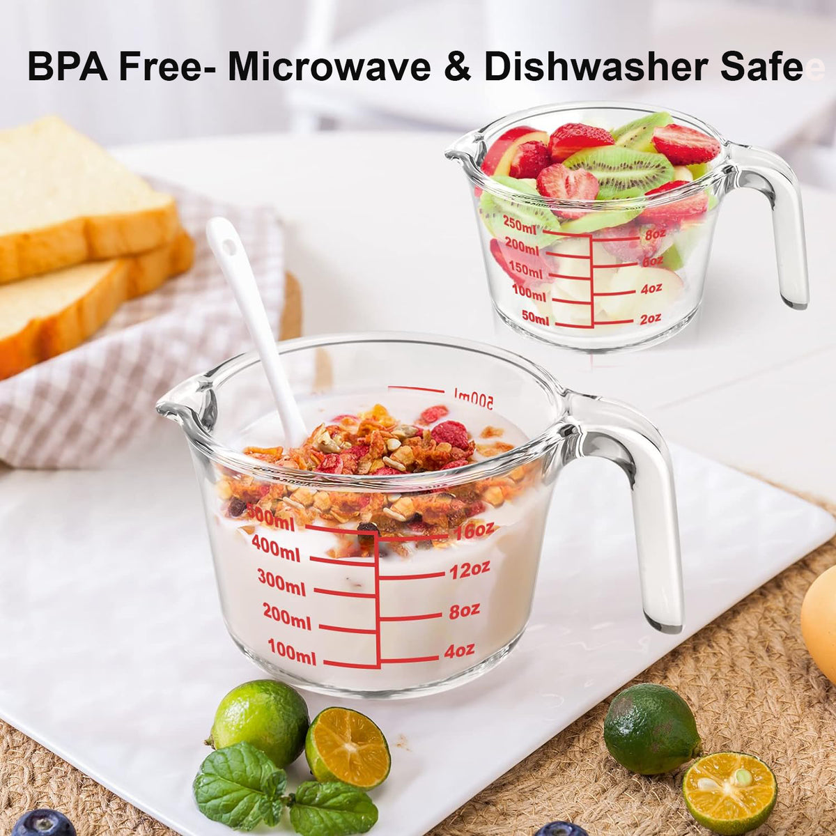 Cart In Mart Glass Measuring Cup Set - 3 Glass Jugs Microwaveable ,5 Plastic Cup - 8 Piece