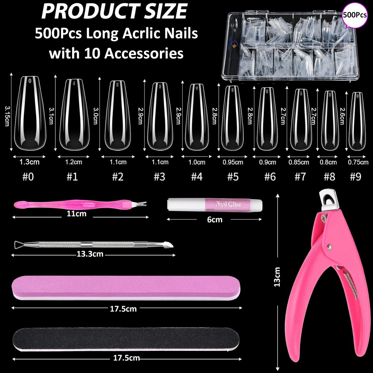 Cart In Mart 500 Pack Long Clear Acrylic Nail Tips Ballerina Coffin Set & Accessories