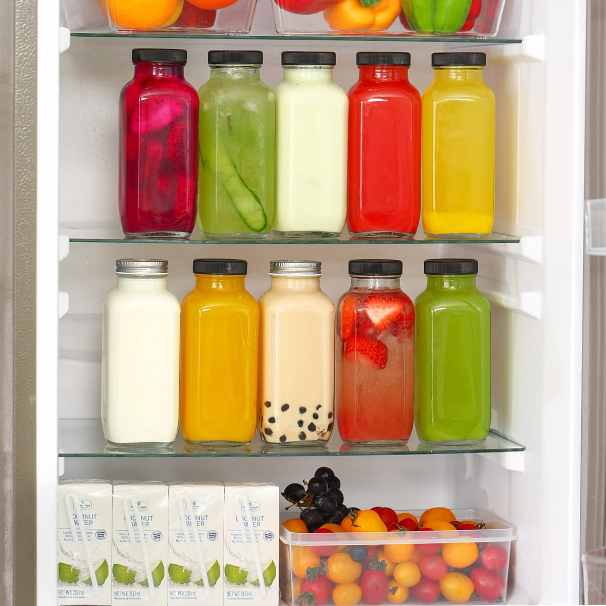Cart In Mart 12 Pack Glass Juice Bottles With Lids 480ml Drinking Jars ,Glass Straws