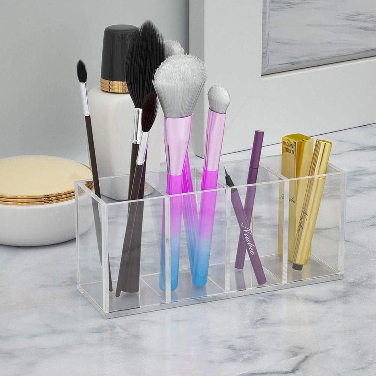 Cart In Mart Clear Acrylic Pen Holder 4 Compartments For Pencil Organizer Makeup Brush