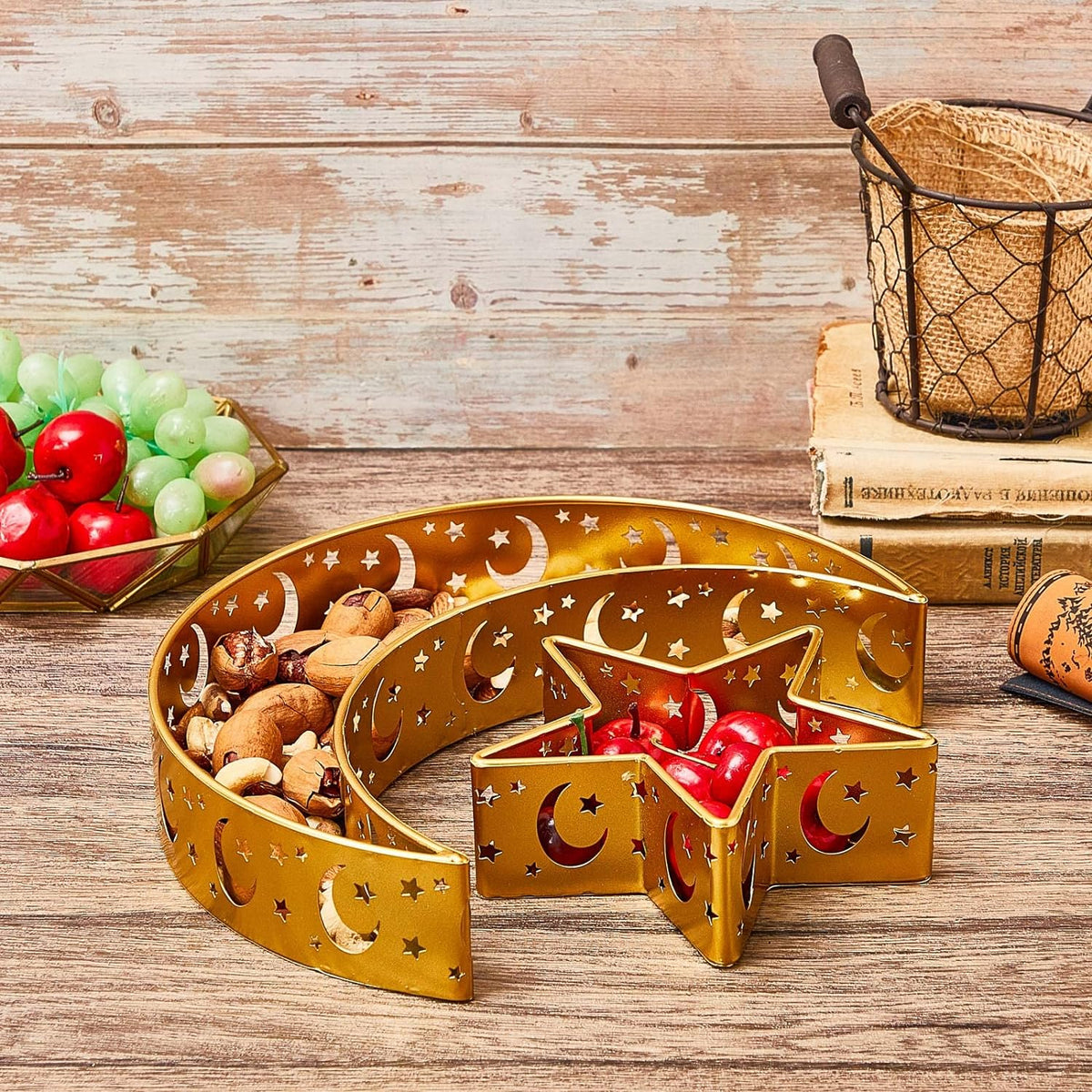Cart In Mart 2 Pieces Eid Mubarak Decoration Moon Star Serving Metal Tray Islamic Gift