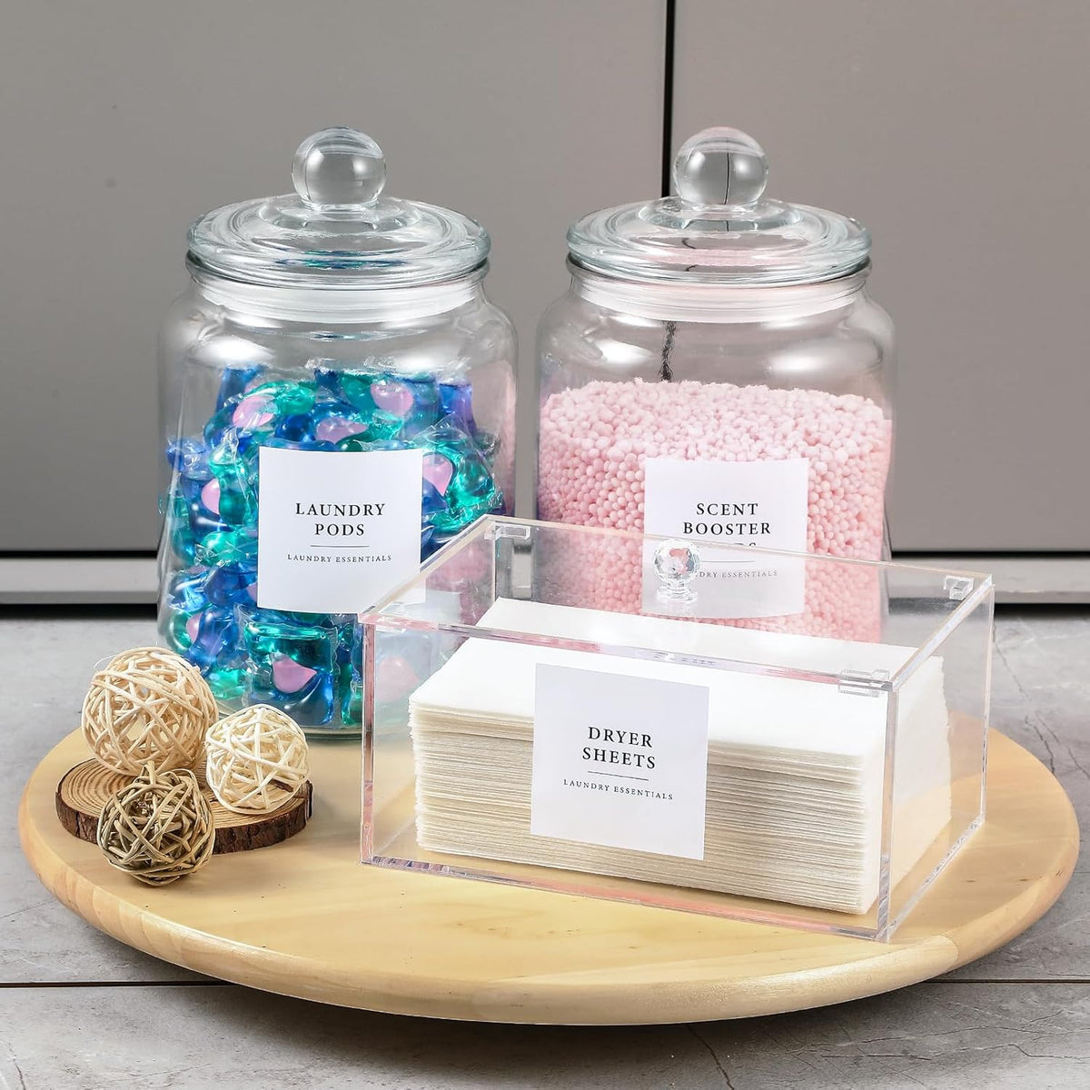Cart In Mart Glass Jars & Dryer Sheet Holder Laundry Room Organisation With Lid, Labels