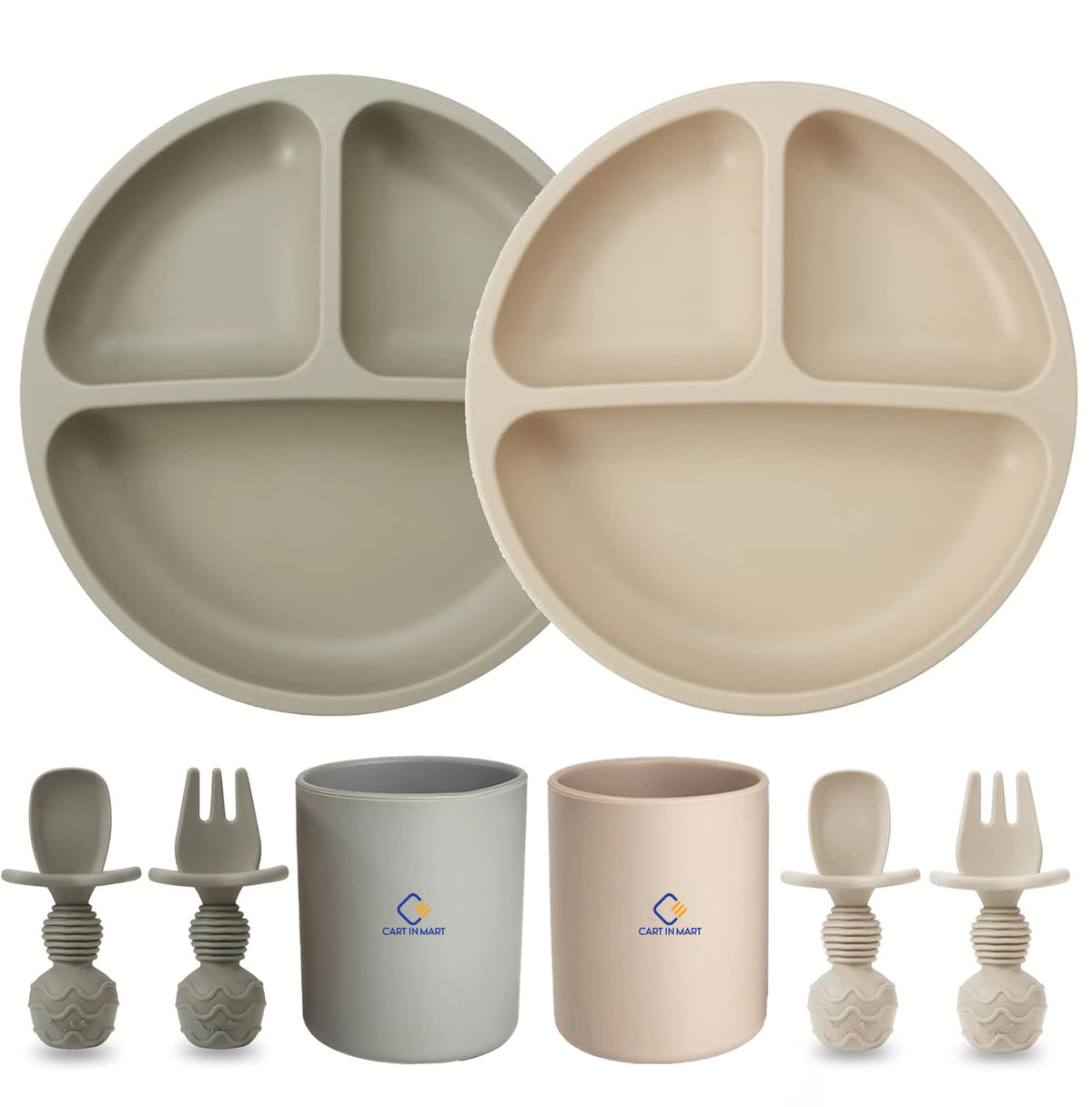 Cart In Mart 2 Pack (8 Piece) Silicone Baby Feeding Set Suction Plates Spoons Forks Cups