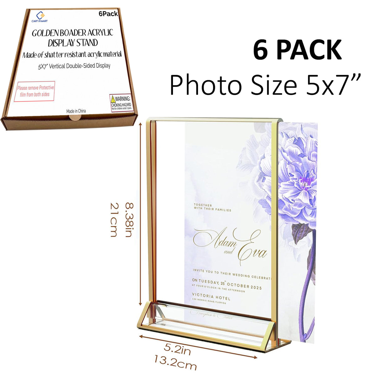 Cart In Mart 6 Pack 5x7" Clear Acrylic Sign Holder With Gold Border Wedding Table Stand