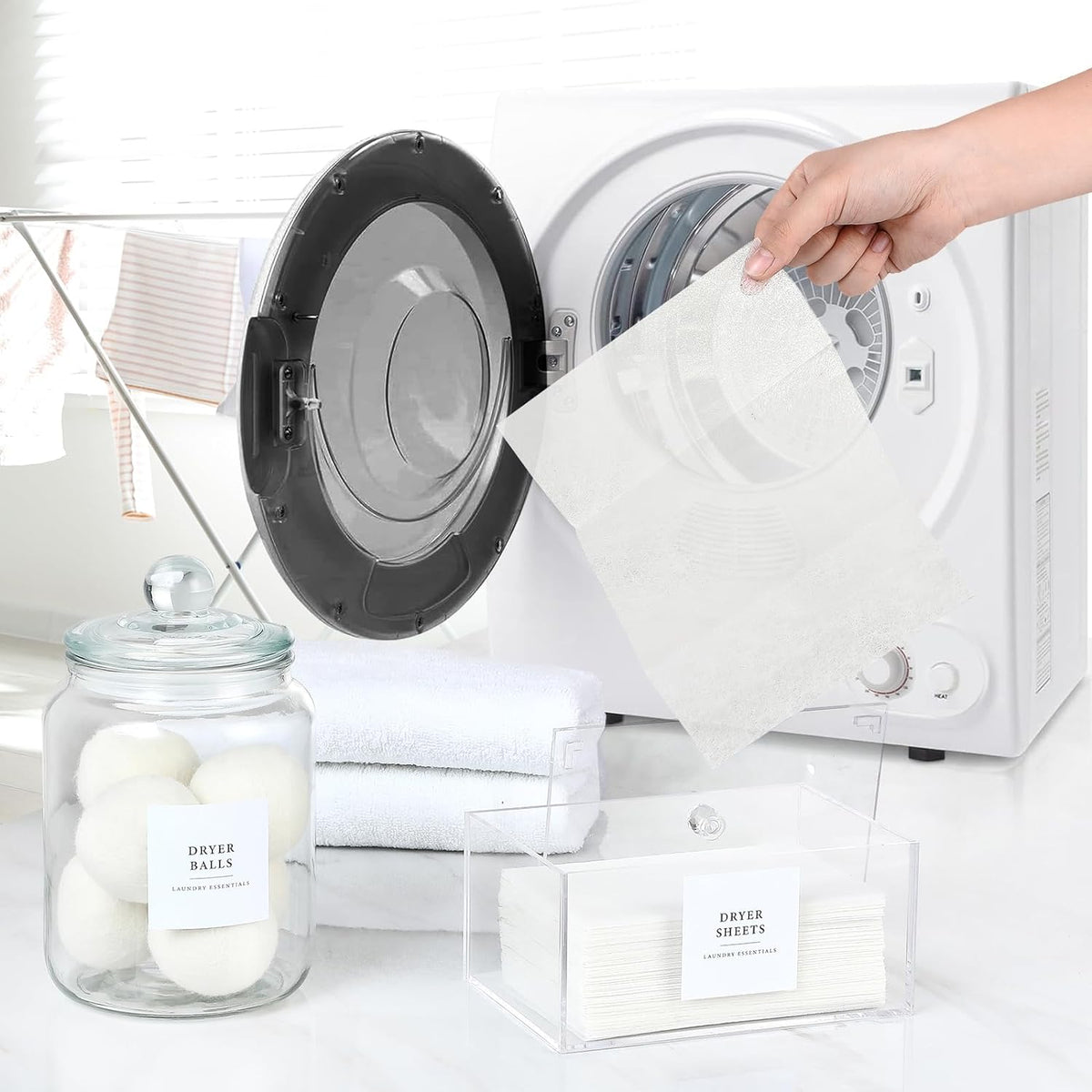 Cart In Mart Glass Jars & Dryer Sheet Holder Laundry Room Organisation With Lid, Labels