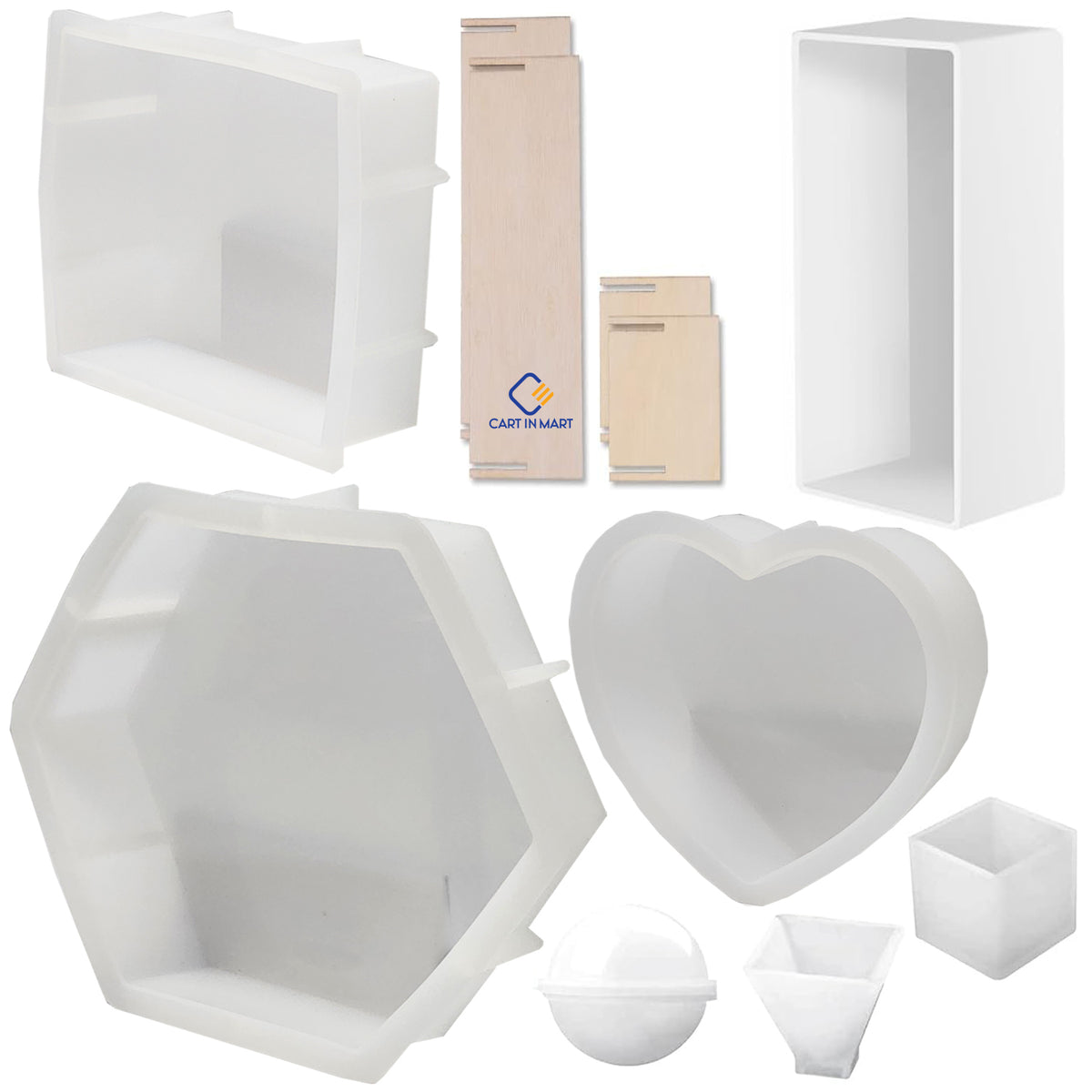 Cart In Mart 7 Pack Large Silicone Resin Molds Epoxy Casting Craft Heart Hexa Sq Rect