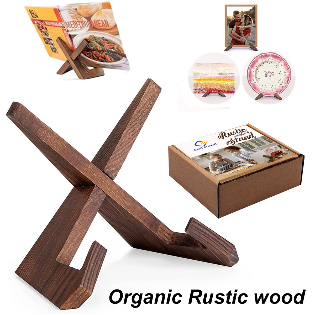 Wooden Cookbook Stand For Kitchen Counter Recipe Book Holder- Rustic Brown