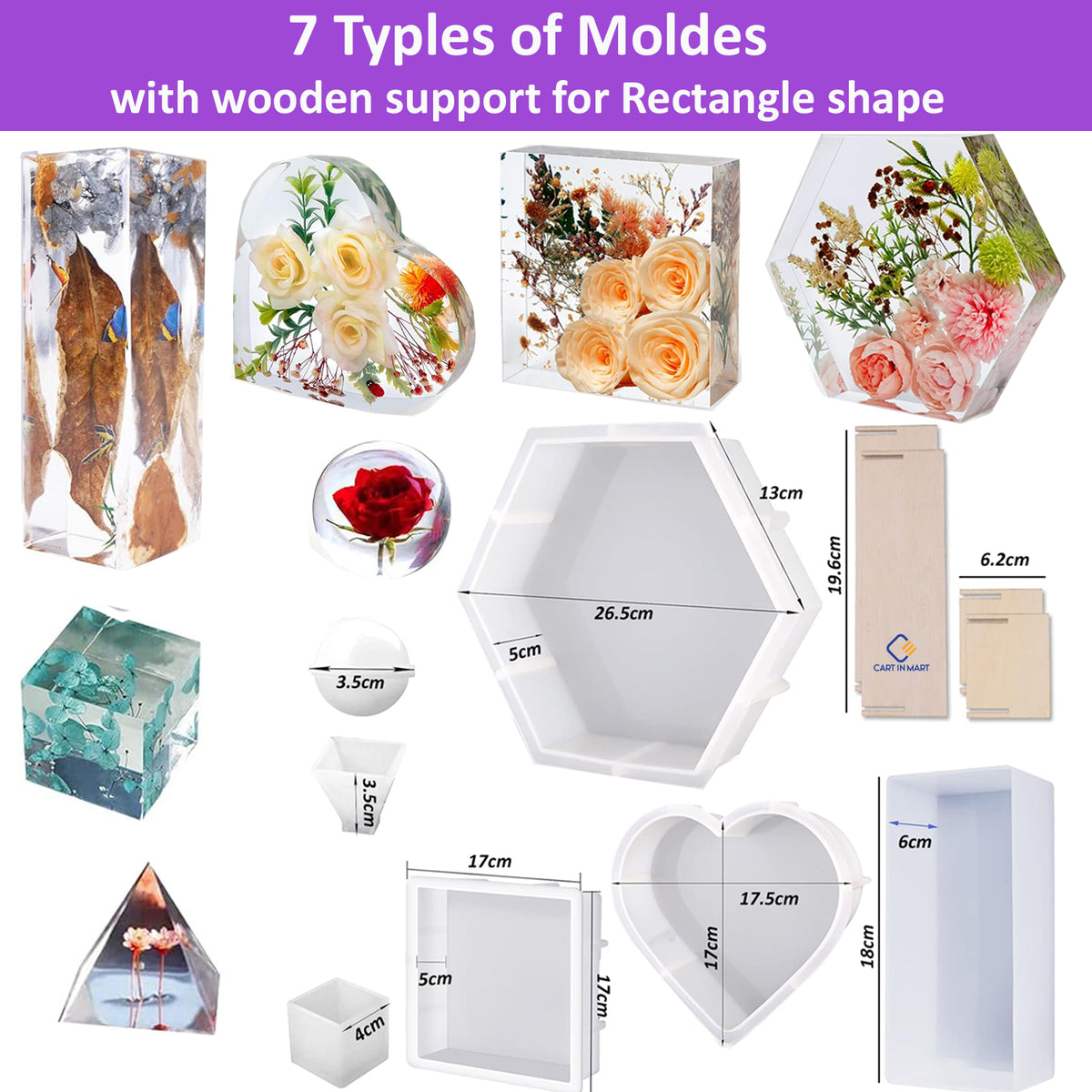 Cart In Mart 7 Pack Large Silicone Resin Molds Epoxy Casting Craft Heart Hexa Sq Rect