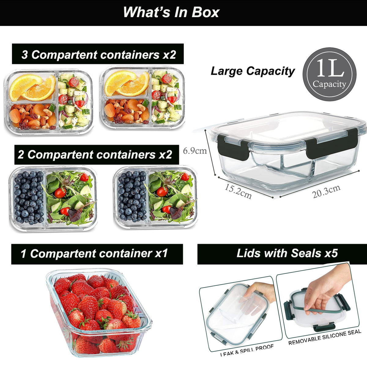 Cart In Mart 5 Pack Split Compartment Clear Airtight Glass Meal Prep Food Container- 1L