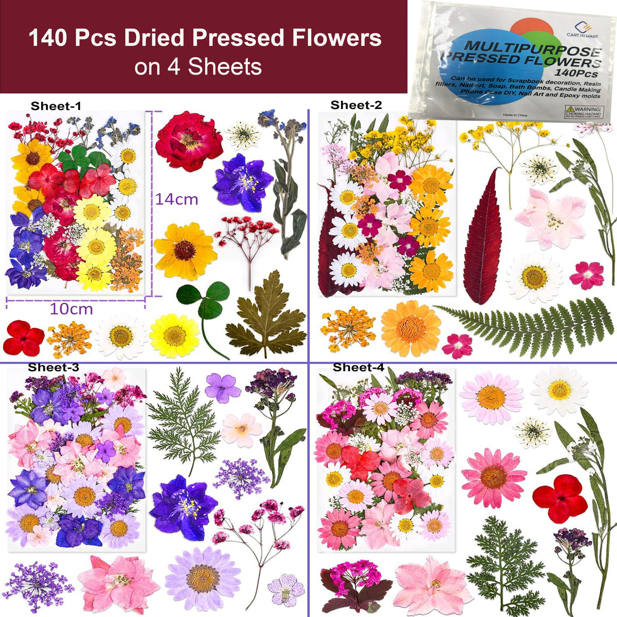 Cart In Mart 140 Pack Dried Pressed Flowers For Resin Scrapbooking Candle Soap Nail Art