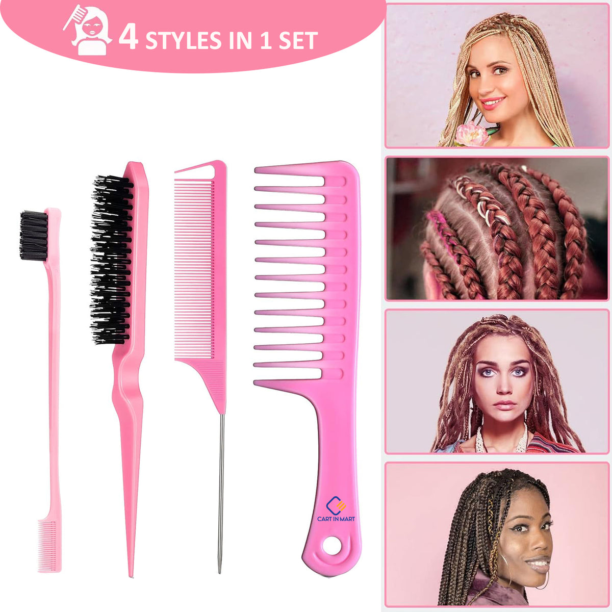 Cart In Mart 4 Pack Hair Styling Comb Set Teasing & Rat Tail Comb Edge Brush For Women