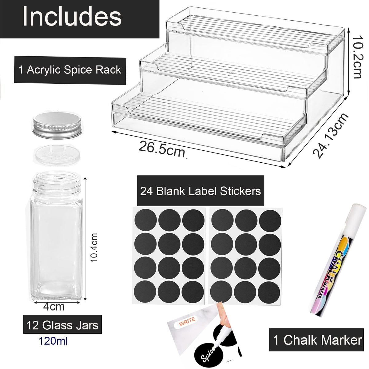 Cart In Mart 3 Tier Clear Acrylic Spice Rack Organiser With 12 Jars 24 Labels & Marker