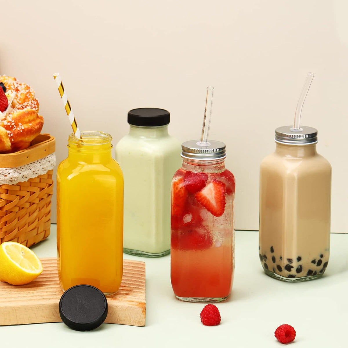 Cart In Mart 12 Pack Glass Juice Bottles With Lids 480ml Drinking Jars ,Glass Straws
