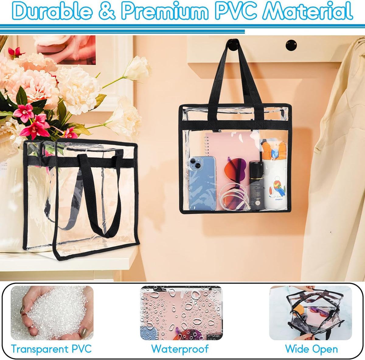 Cart In Mart Clear Shoulder Tote Bag With Zipper Closure & Extra Adjustable Travel Strap
