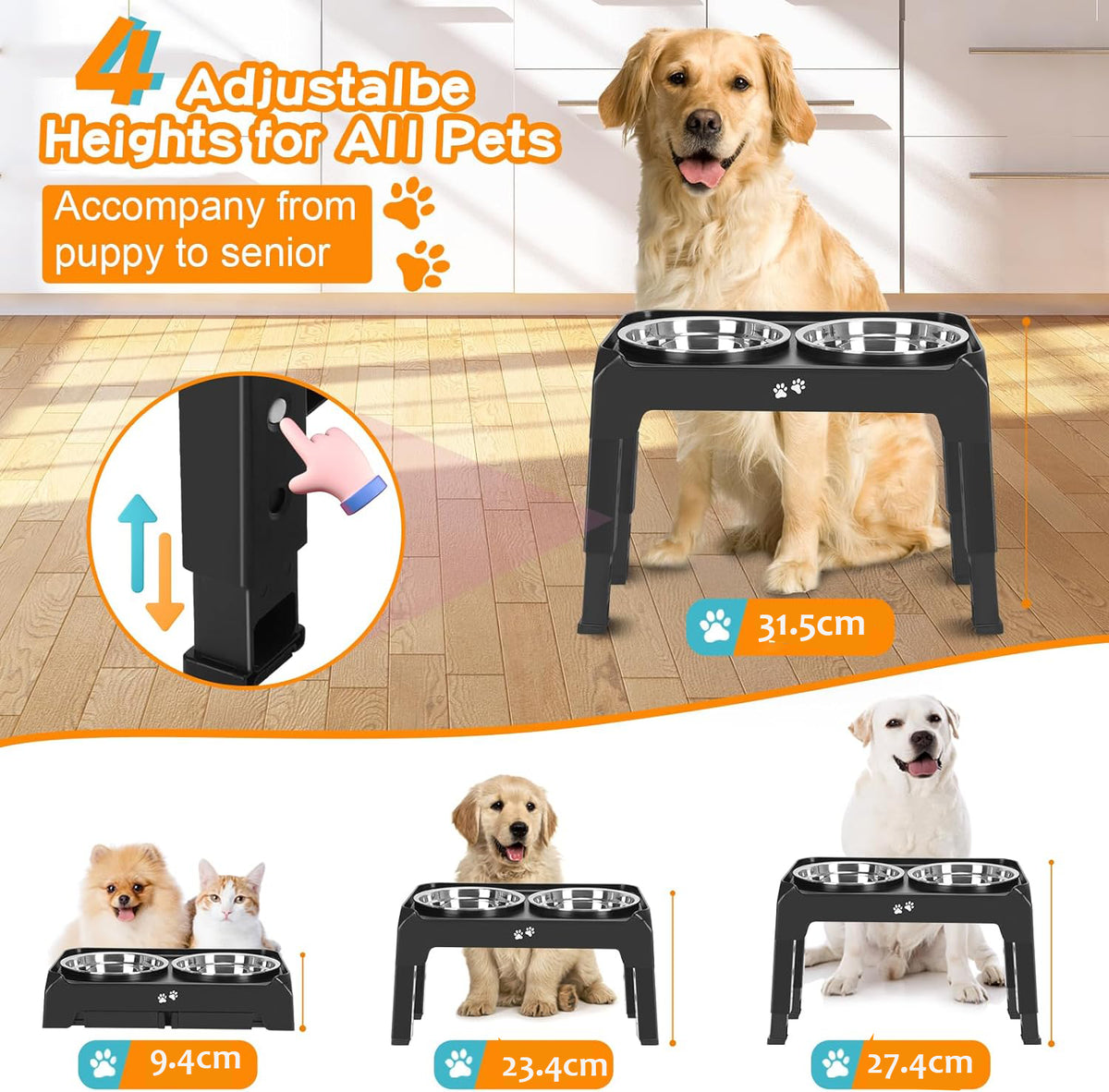 Cart In Mart Raised Elevated Dog Bowls Stand With 2 Steel Pet Bowls & Adjustable Height
