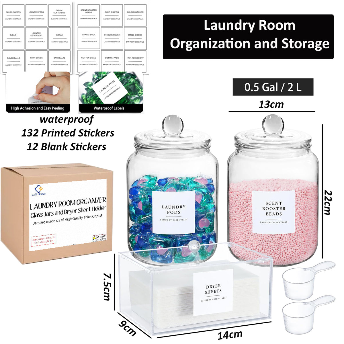 Cart In Mart Glass Jars & Dryer Sheet Holder Laundry Room Organisation With Lid, Labels
