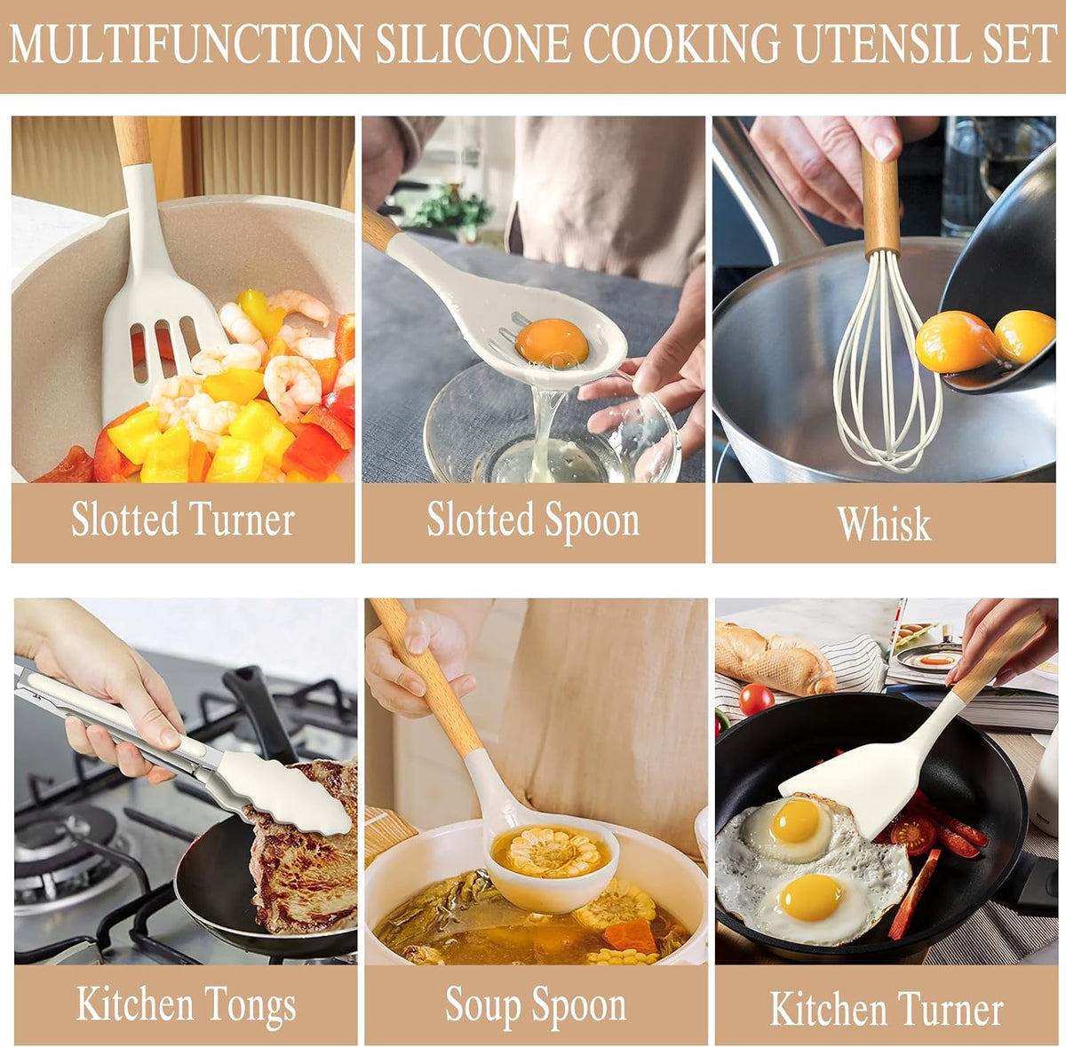 Cart In Mart 33 Pack Silicone Cooking Kitchen Utensils Spatula Tools Set- Cream White