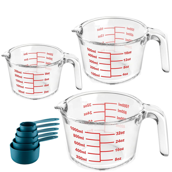 Glass Measuring Cup Set - 3 Glass Jugs Microwaveable ,5 Plastic Cup - 8 Piece