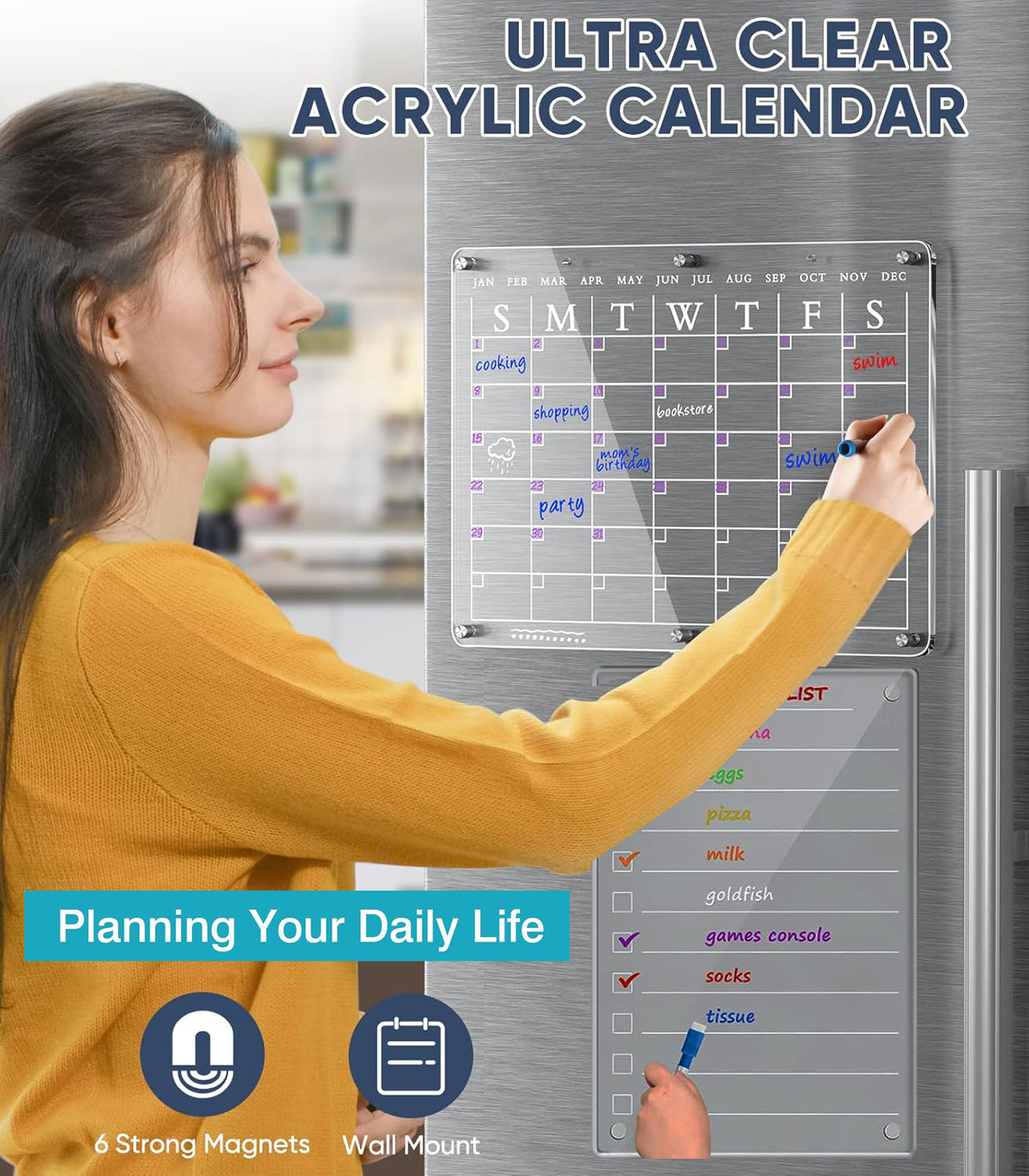 Cart In Mart Clear Acrylic Magnetic Dry Erase Board Calendar & List Planner For Fridge