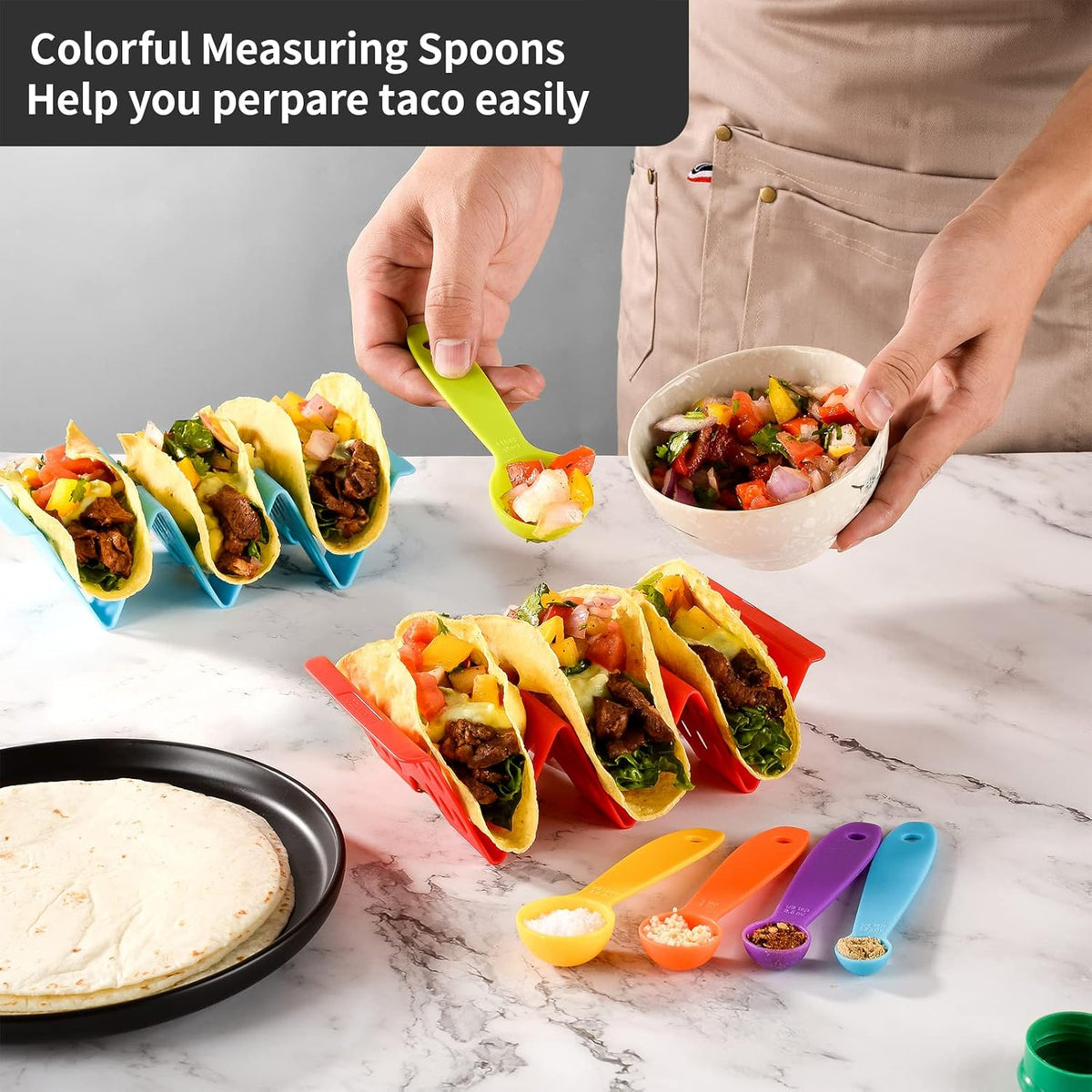 Cart In Mart 6 Pack Reuseable Large Taco Holders Stands Rack For 3 Tacos With Spoons