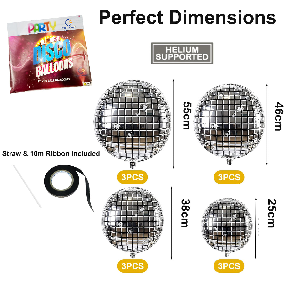 Cart In Mart 12 Pack Disco Ball Balloons 4 Size 4D Sphere Foil Party Decoration Supply