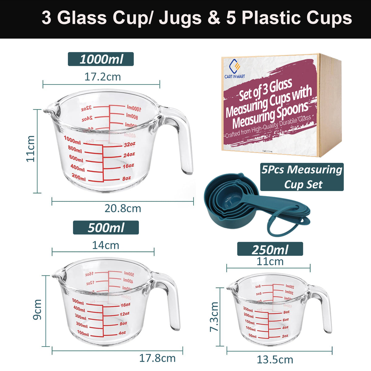 Cart In Mart Glass Measuring Cup Set - 3 Glass Jugs Microwaveable ,5 Plastic Cup - 8 Piece
