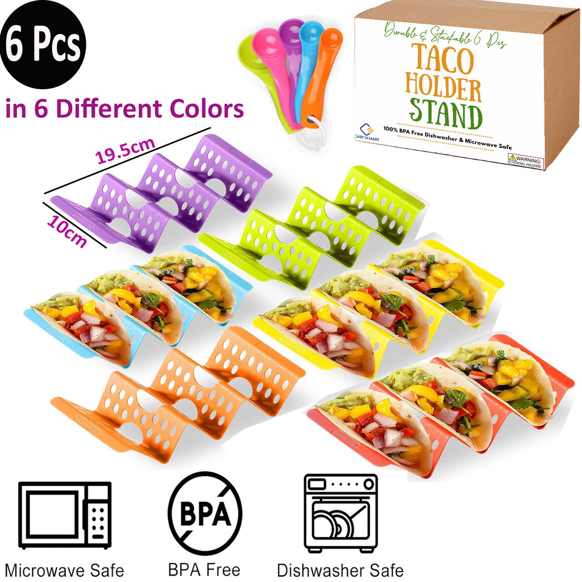 Cart In Mart 6 Pack Reuseable Large Taco Holders Stands Rack For 3 Tacos With Spoons