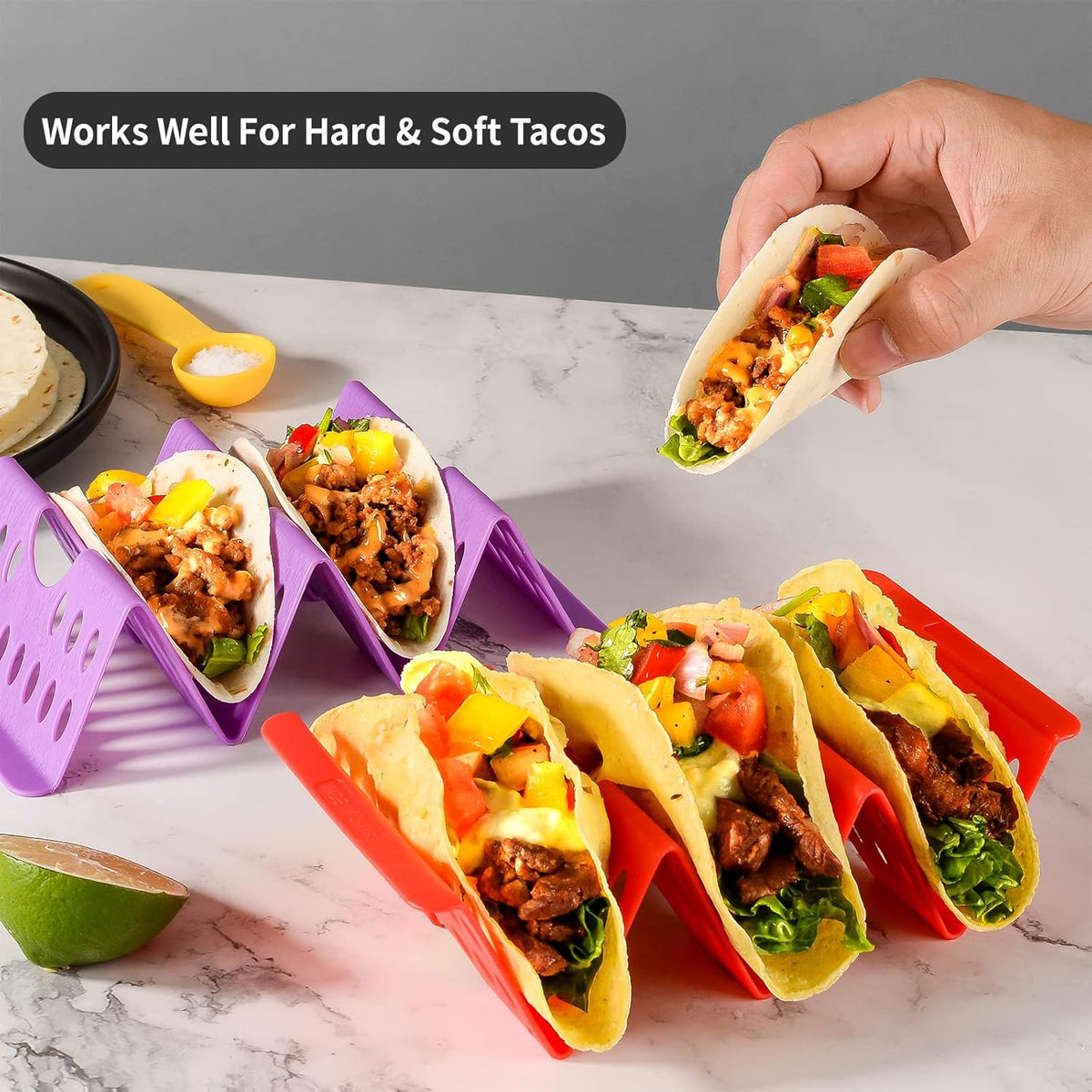 Cart In Mart 6 Pack Reuseable Large Taco Holders Stands Rack For 3 Tacos With Spoons