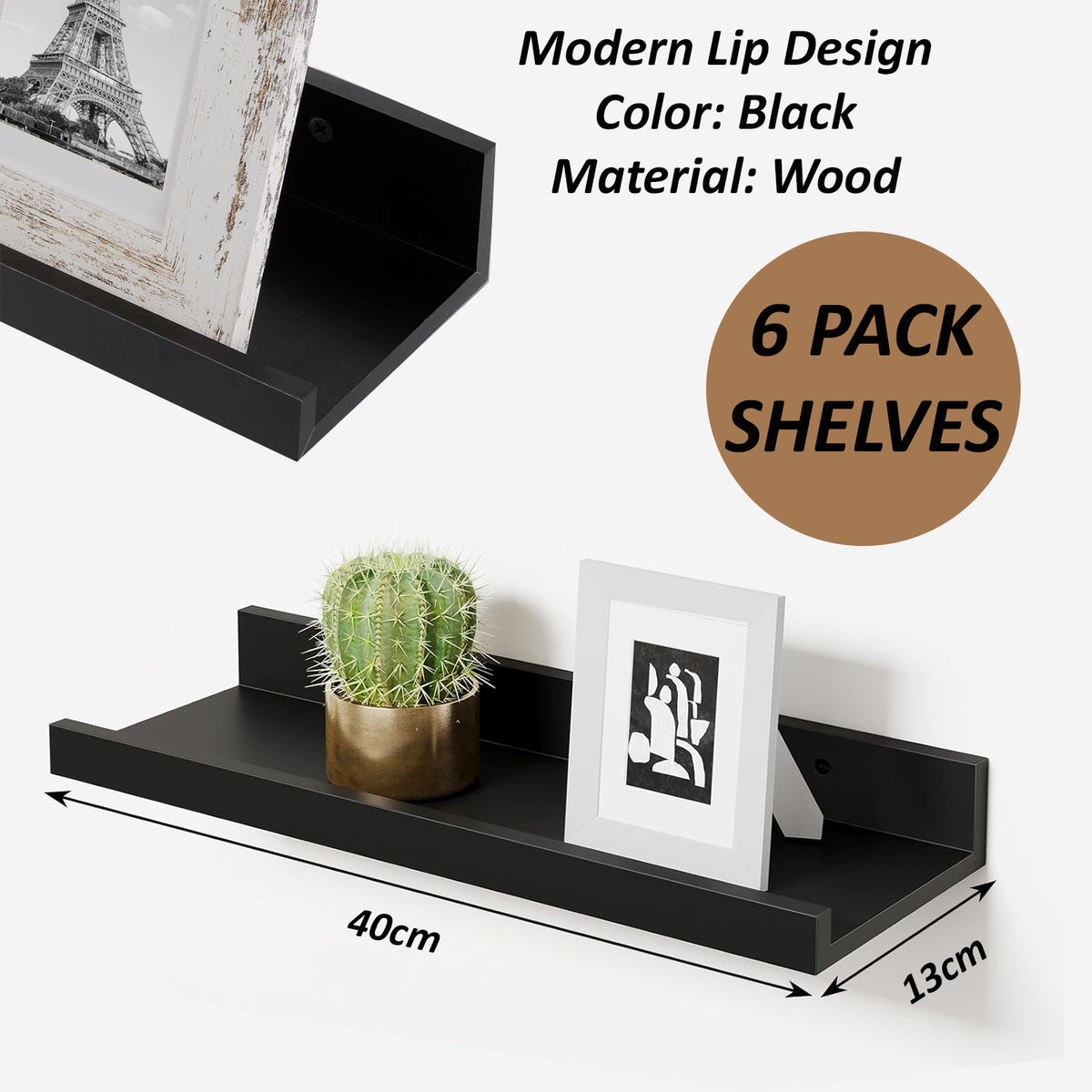 Cart In Mart 6 Pack Floating Shelves With Lips Hanging Wall Decor For Bedroom Bathroom - Modern Black