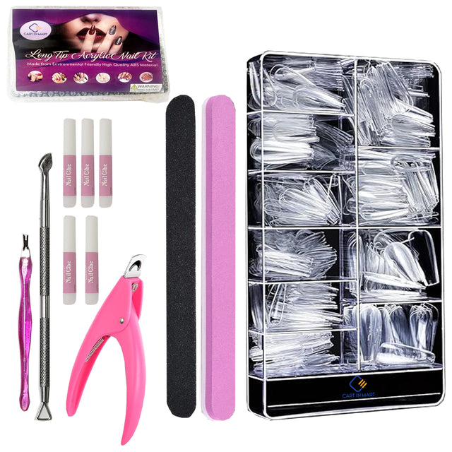 Cart In Mart 500 Pack Long Clear Acrylic Nail Tips Ballerina Coffin Set & Accessories