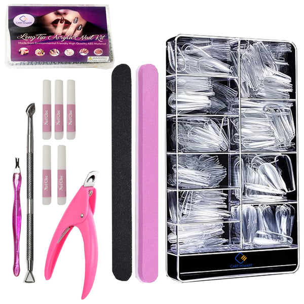 500 Pack Long Clear Acrylic Nail Tips Ballerina Coffin Set & Accessories