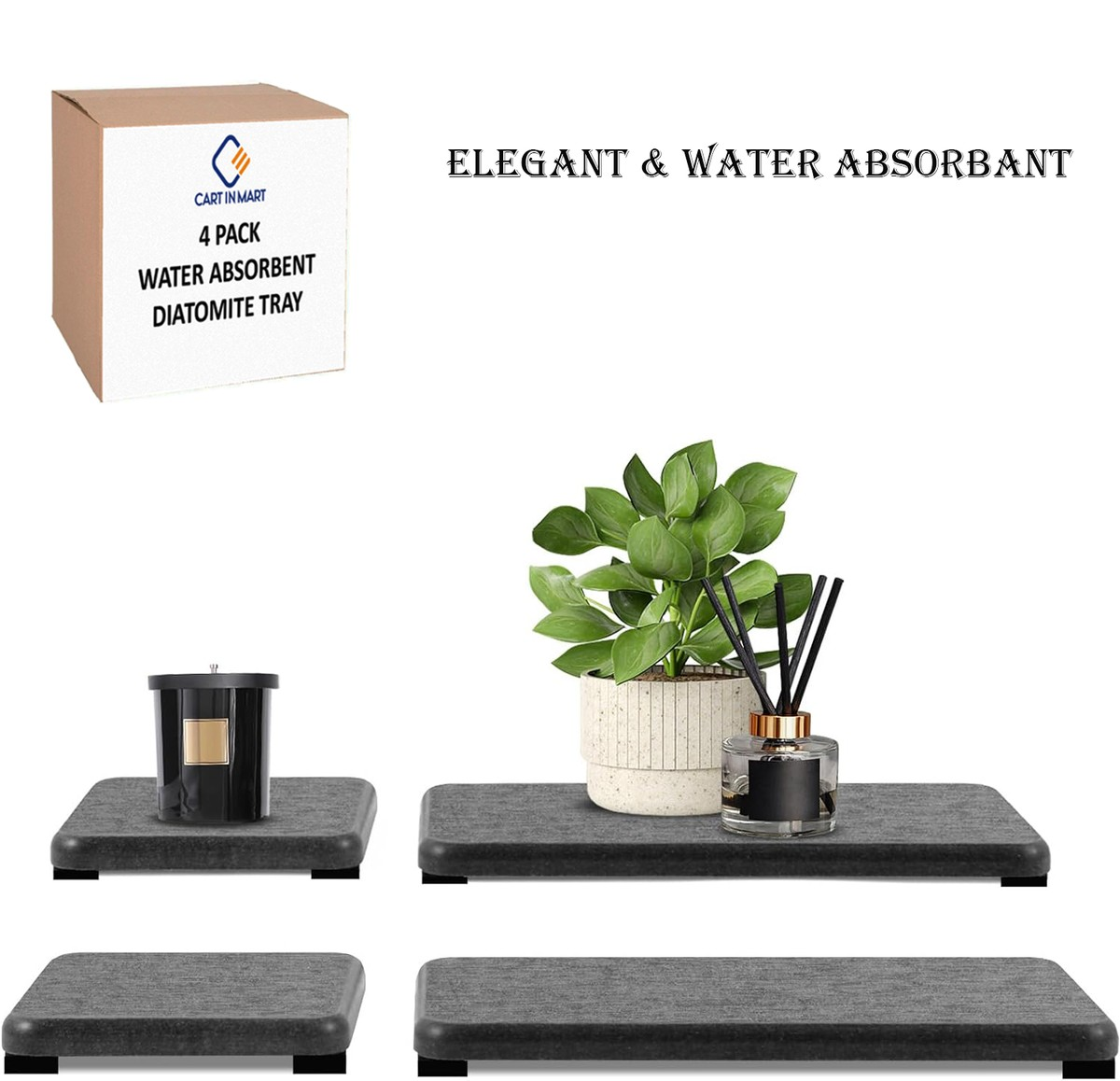 Cart In Mart 4 Pack Diatomite Coasters Water Absorbant Stone Trays For Bathroom/Kitchen Dark Grey