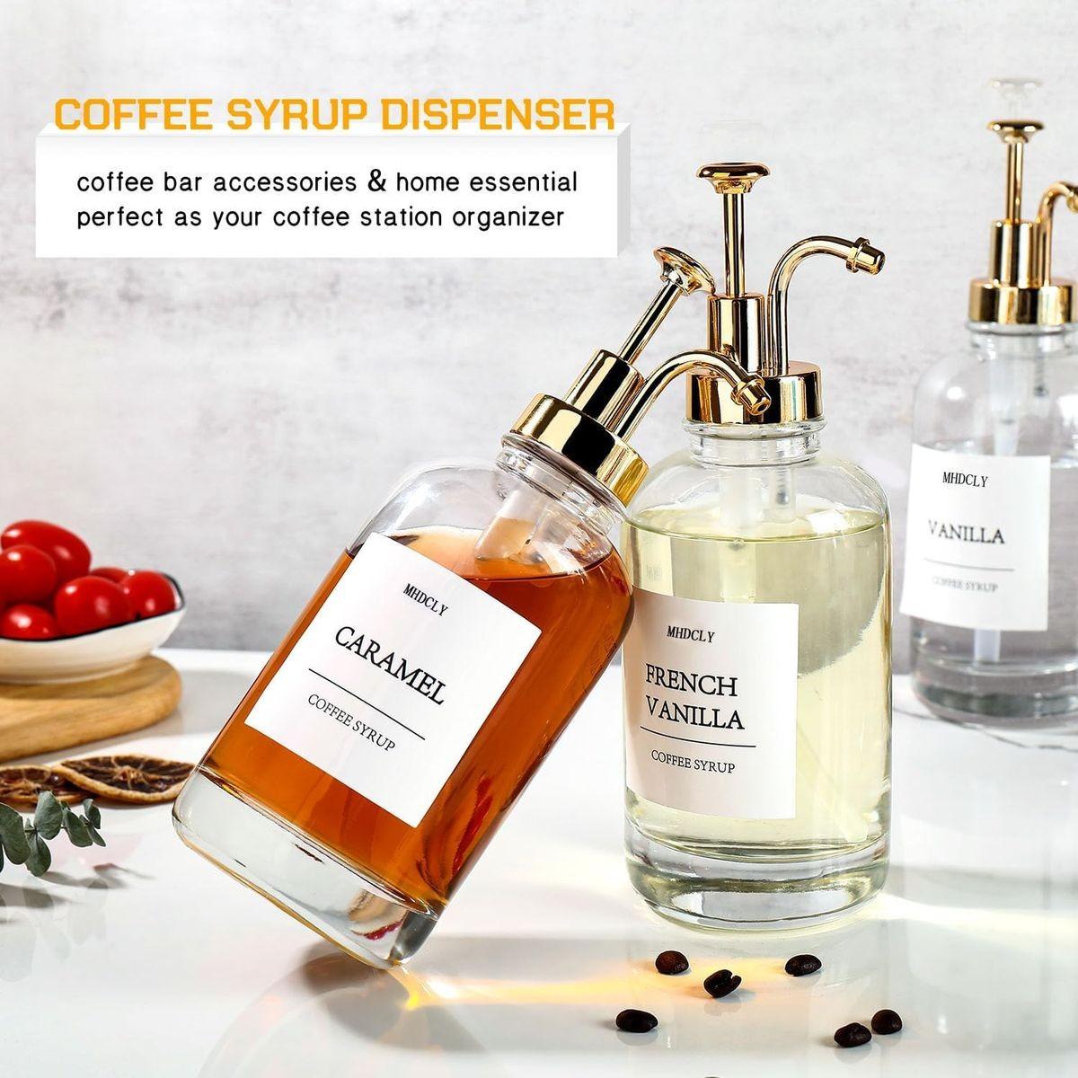 Cart In Mart 4 Pack Glass Coffee Syrup Dispenser With Labels, Gold Pump, Funnel 500ml