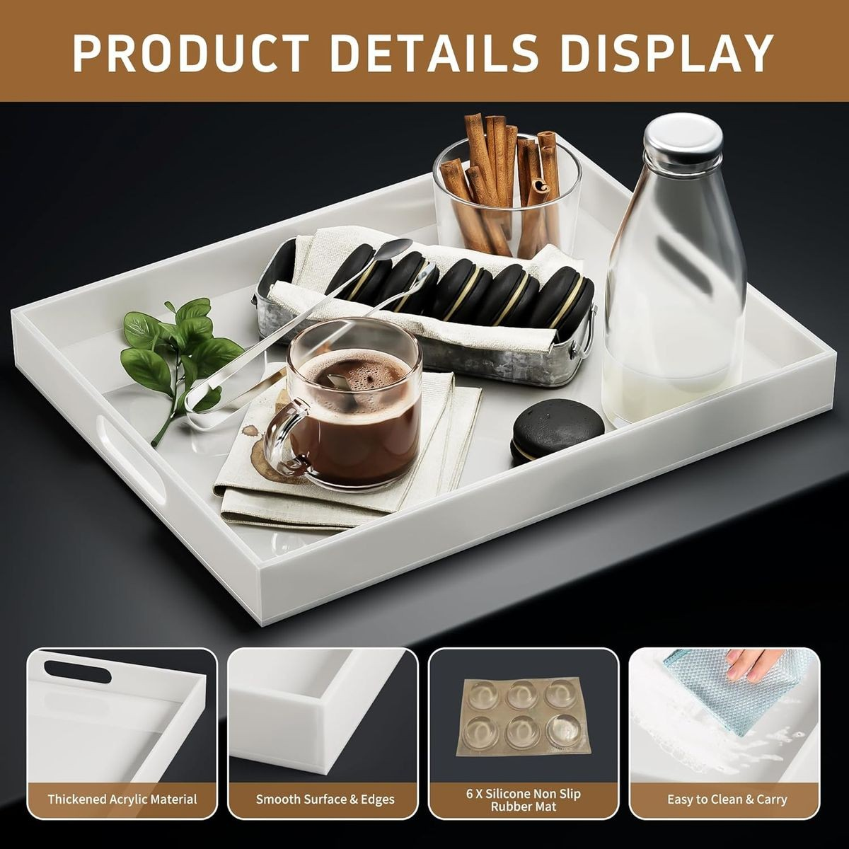 Cart In Mart Large Acrylic Serving Tray With Handles - Table Countertop Organiser Decor White