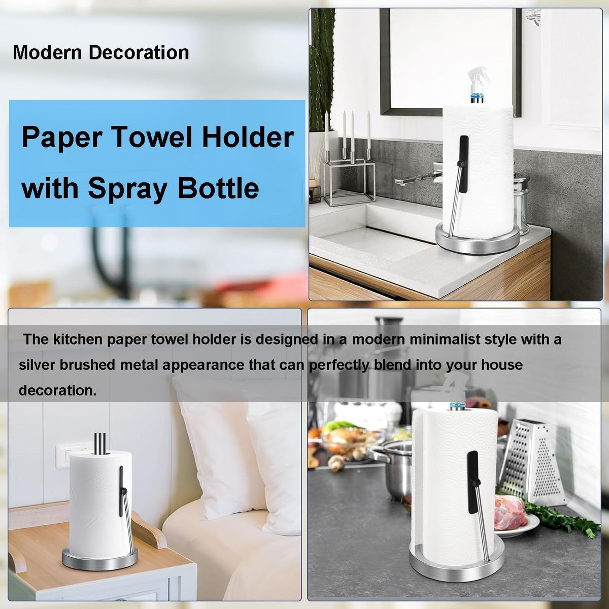 Cart In Mart Kitchen Paper Towel Holder Stainless Steel With Sprayer,Arm & Weighted Base