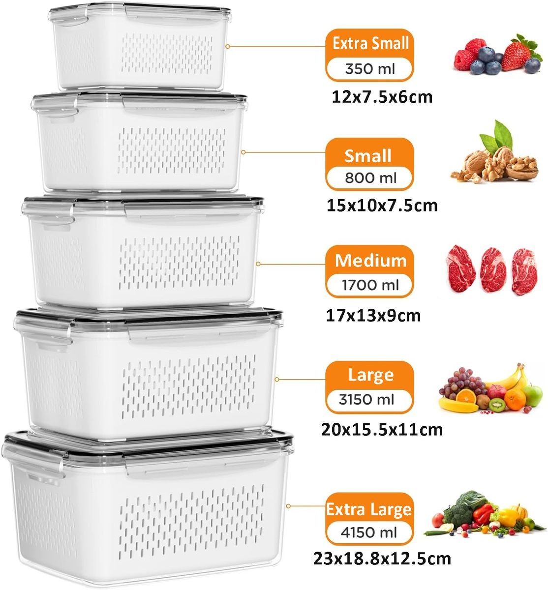 Cart In Mart 5 Pack (10 Piece) Fridge Food Storage Containers With Removable Colander